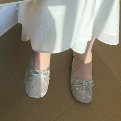 Low Heels Women's Round Head Shallow Mouth Crystal Mesh Butterfly Knot Soft Sole Anti-slip Wear-resistant Slippers