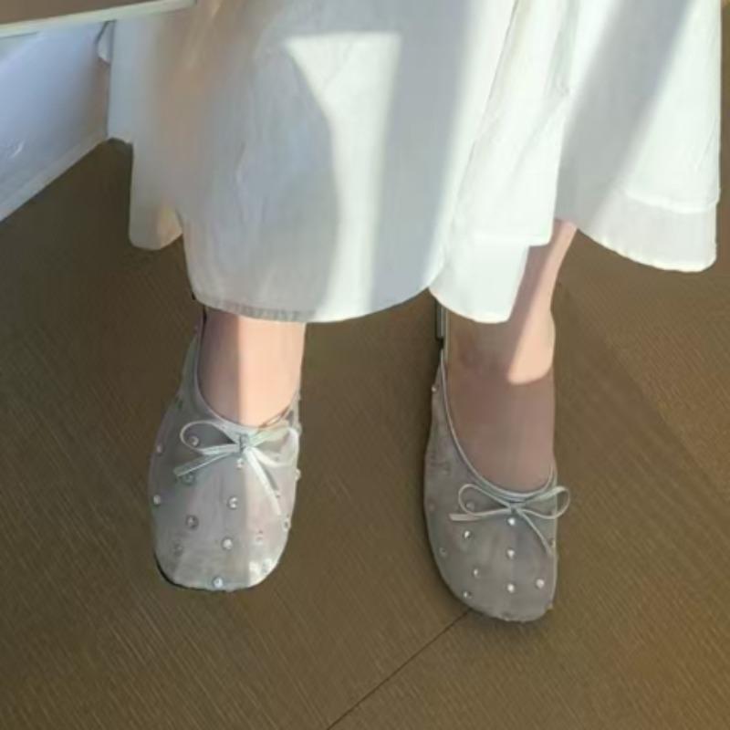 Fashion Low Heels Women's Fashion Round Head Shallow Mouth Crystal Mesh Butterfly Knot Soft Sole Anti-slip Wear-resistant Slippers