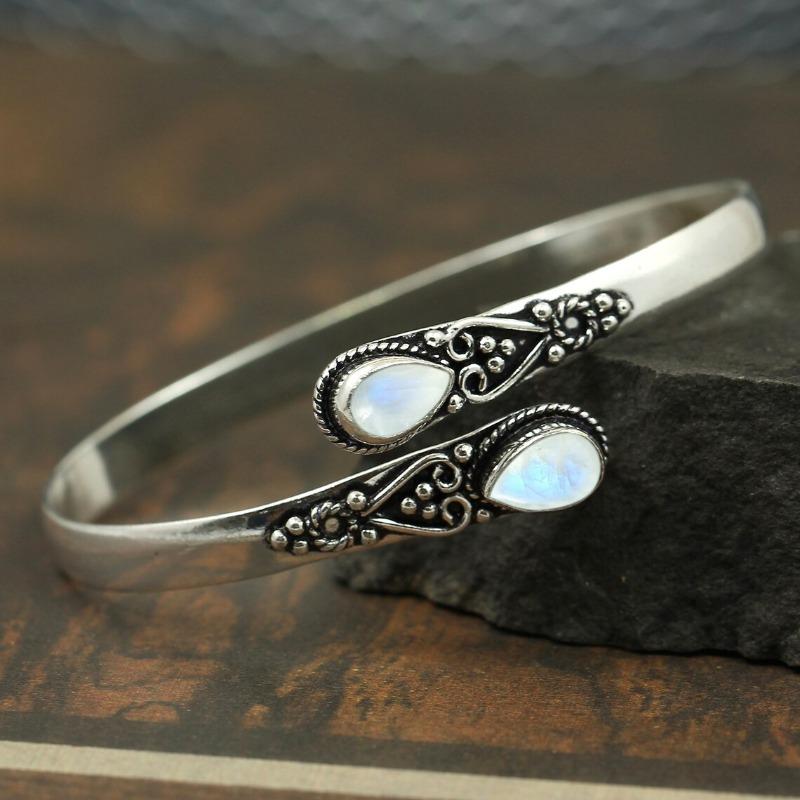 Vintage Ethnic Style Inlaid Imitation Natural Stone Bracelet Elegant Open Adjustable Bracelet Women Party Jewelry