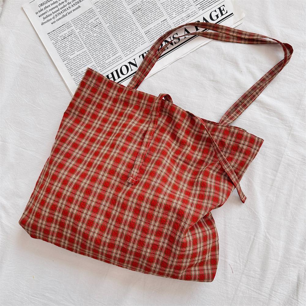 L310 Retro Plaid Canvas Bag Stylish Versatile Lightweight Shoulder Tote For Women