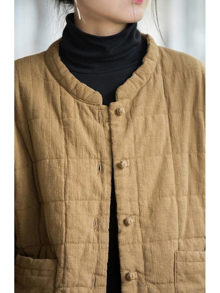 Women's New Style Winter Quilted Plaid Cotton Jacket: Fashionable Literary Short Ramie Coat