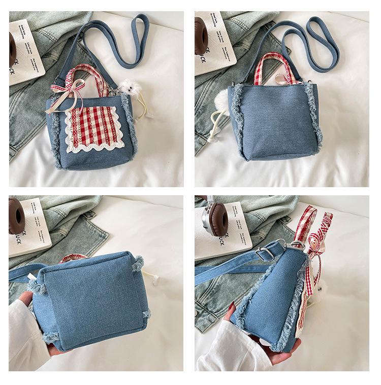 Korean Style Plaid Lace Bucket Handbag - Cute Bow Crossbody