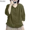Women Casual V-Neck Solid Color 3/4 Sleeve Loose Cotton Blouse
