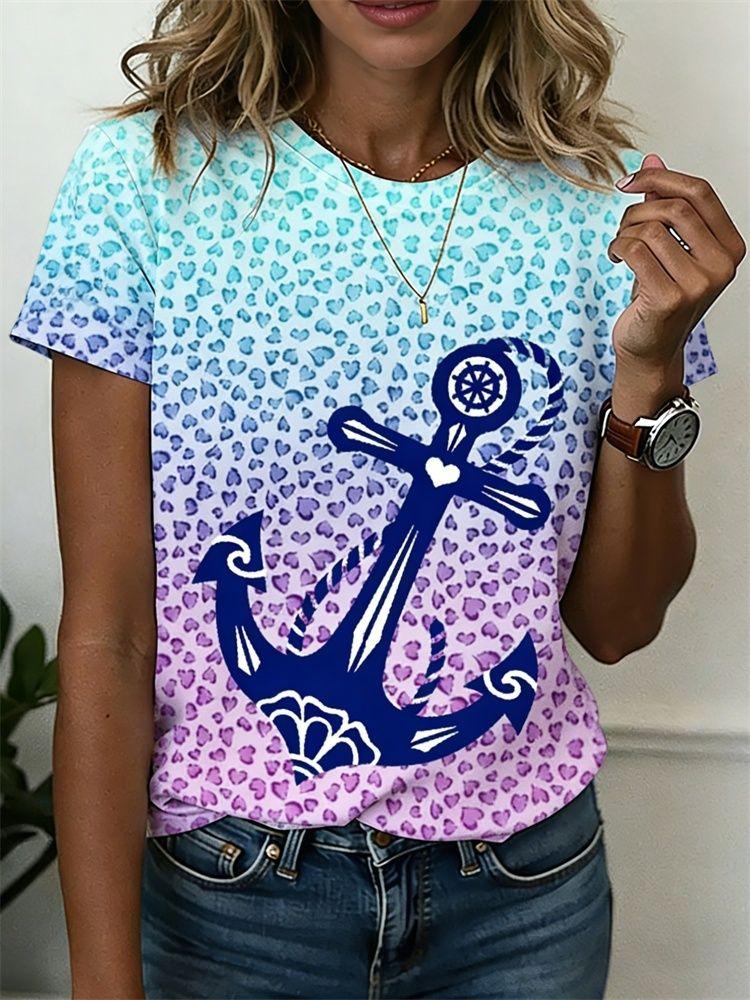 Summer Anchor Stripe 3D Print T-Shirts Women Casual Short Sleeve Round Neck T Shirt Harajuku Y2K Tees Top Female Street Clothing