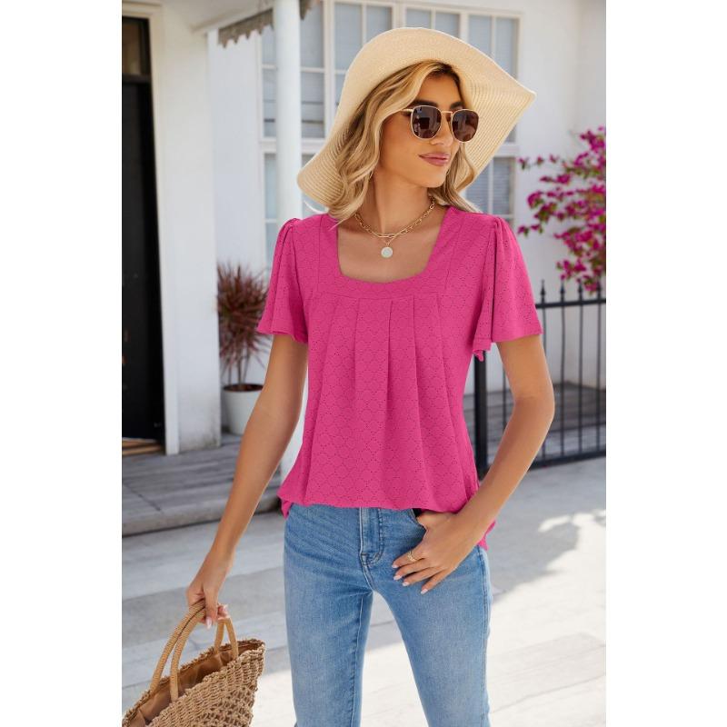 Women's Fashion Casual Summer Spring Solid Color Print Short Sleeve Square Collar Blouses & Shirts