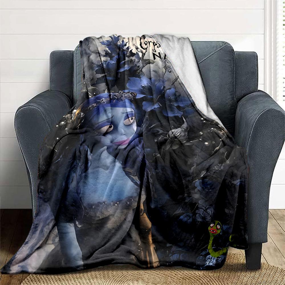 Corpse Bride Surrounded By Dark Blue Flowers With A Small Green Creature In The Corner Gift Personalized Blanket Customize Text Comfortable Versatile