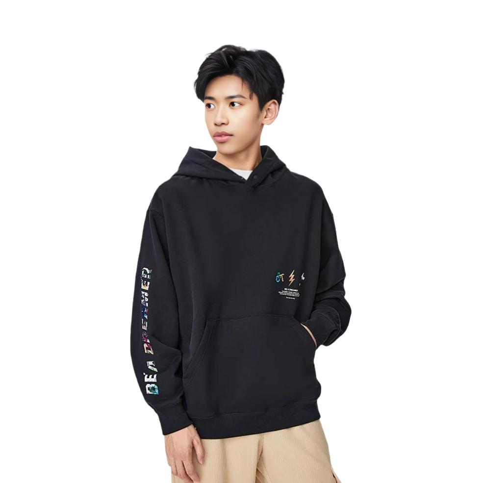 Li-Ning Wade Series Solid Color Letter Print Fleece-Lined Warm Long Sleeve Sweatshirt Unisex Tops Black AWDSI37-1