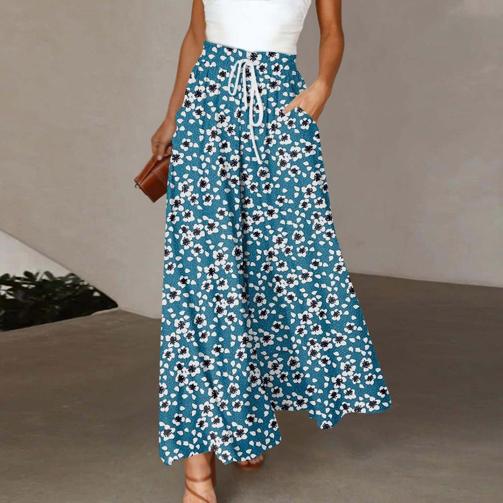 Damenhose mit hoher Taille und weitem Bein, Sommer, lässig, fließend, mit Tasche, weitem Bein, bedruckt, Strandhose