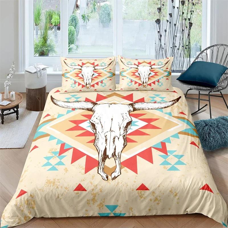Exotic Bull Skull Duvet Cover Twin Queen Size Western Bedding Set Bohemia Flowers Quilt Cover Microfiber Feather Comforter Cover