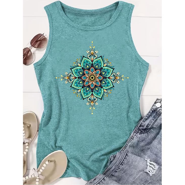 2026 New Creative Beautiful Mandala Geometric Print Round Neck Women Sleeveless Vest Versatile Comfortable Casual Summer Tank Top