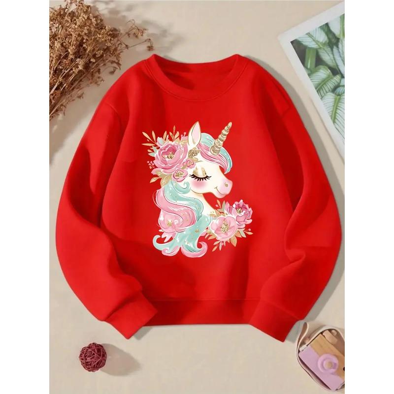Rundhals-Sweatshirt für Mädchen mit einem verspielten Einhorn-Blumen-Design, perfekt für Frühling und Herbst. Es ist maschinenwaschbar