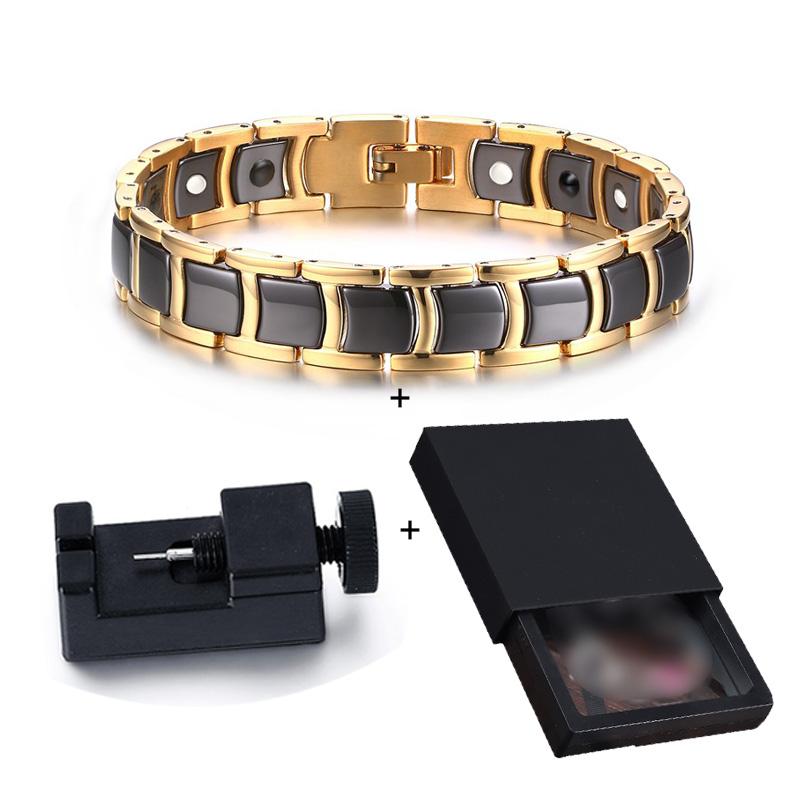 Vinterly Steel Magnetic Bracelet Male Black Ceramic Health Energy Germanium Men Hand Chain Link Gold-color Jewelry Waterproof