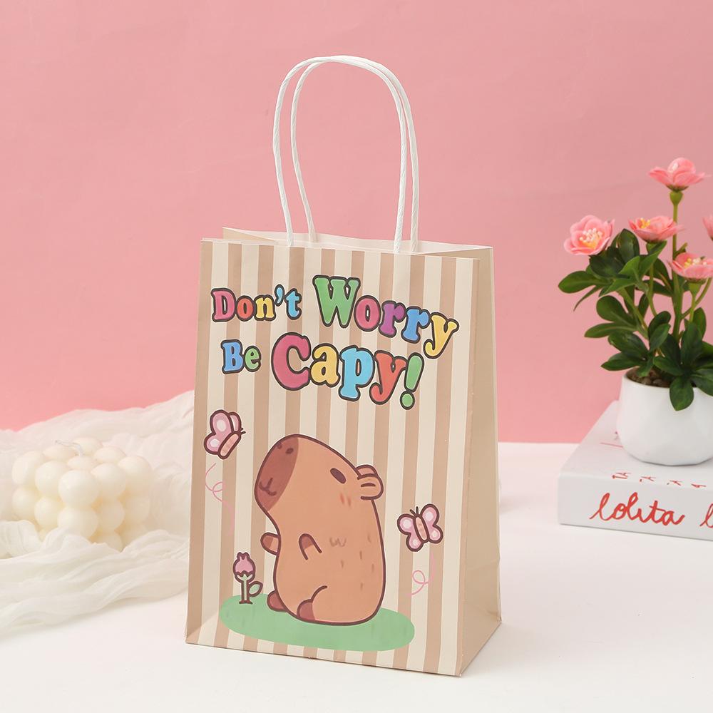 StoBag Capybara Cartoon Kraft Gift Wrapping Bags for Sweets Reusable Cute Kids Birthday Party Favor Tote Animal Theme Packaging
