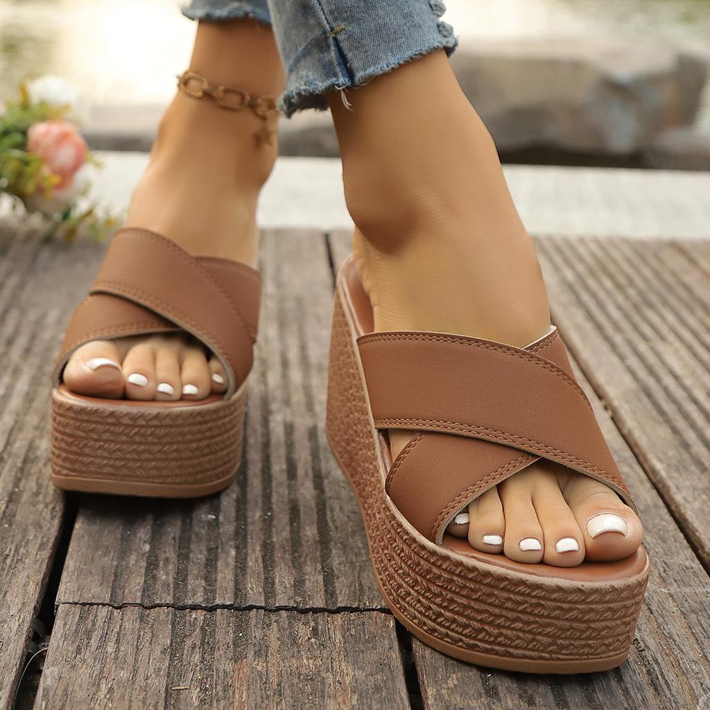 2025 summer cross with wedge heels slippers women's muffin foreign trade large size casual thick bottom cool slippers