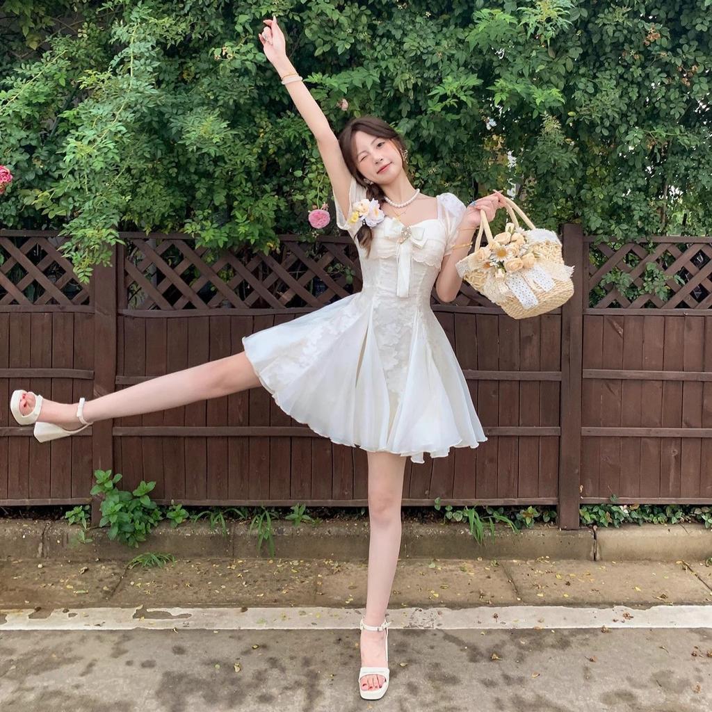 Summer vacation style short skirt pure desire white moonlight temperament cut flower fluffy mesh splicing dress princess dress