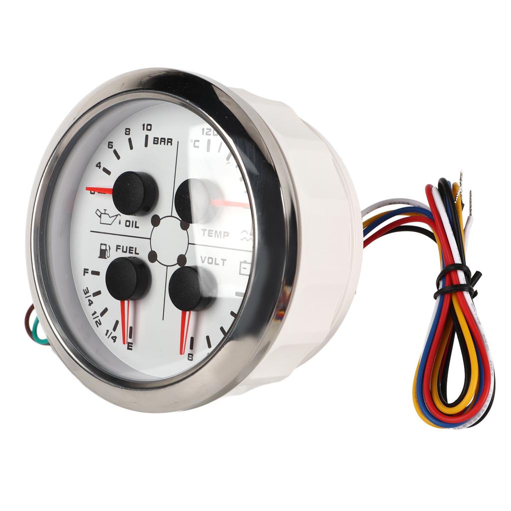 4in1 85mm Guage Multifunction Fuel Level Oil Pressure Water Temp Volt Meter DC 9‑32V for Car RV Boat Motorcycle White