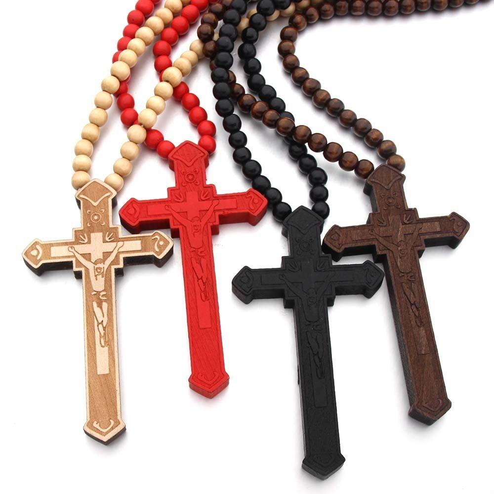 Houten Handgemaakte Rozenkrans Ketting Religieus Kruis Hanger Ketting Houten Kralen Ketting Bidden