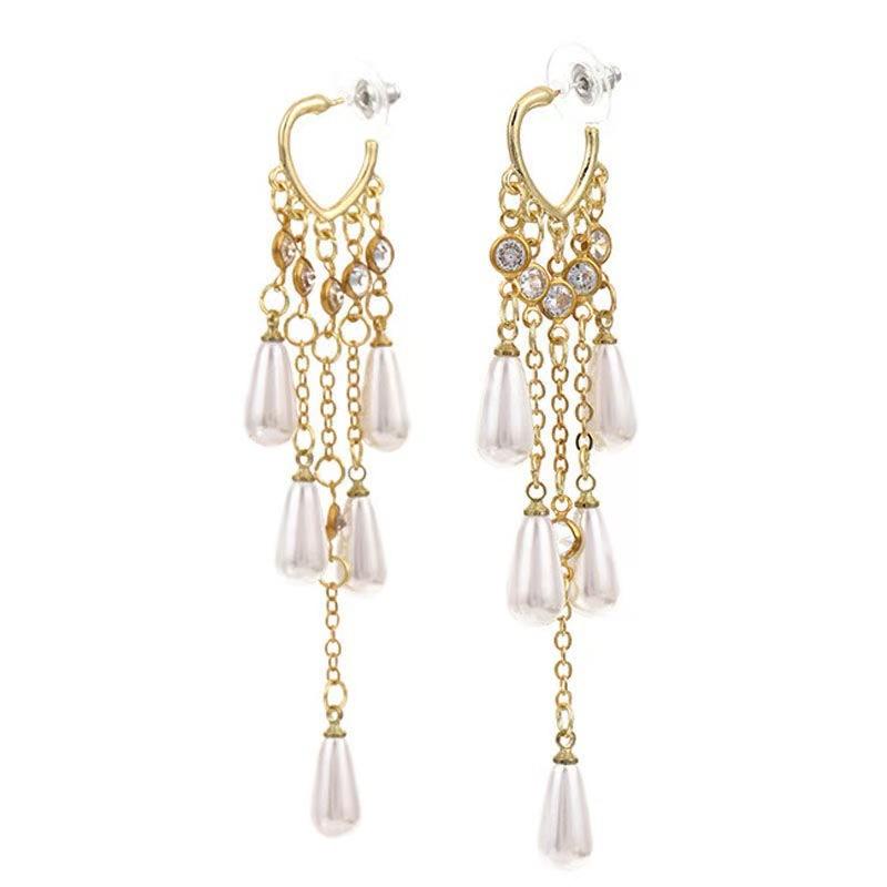 Fashion personality long pearl fringed earrings femininity versatile trendy earrings elegant and exquisite earrings