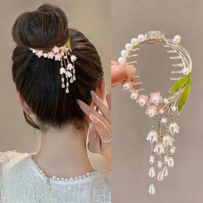 Lady Ponytail Claw Shiny Rhinestone Faux Pearl Long Tassel Flower Multi Teeth Hair Decoration Lightweight Bridal Hair Bun Clipper Hair Accessories