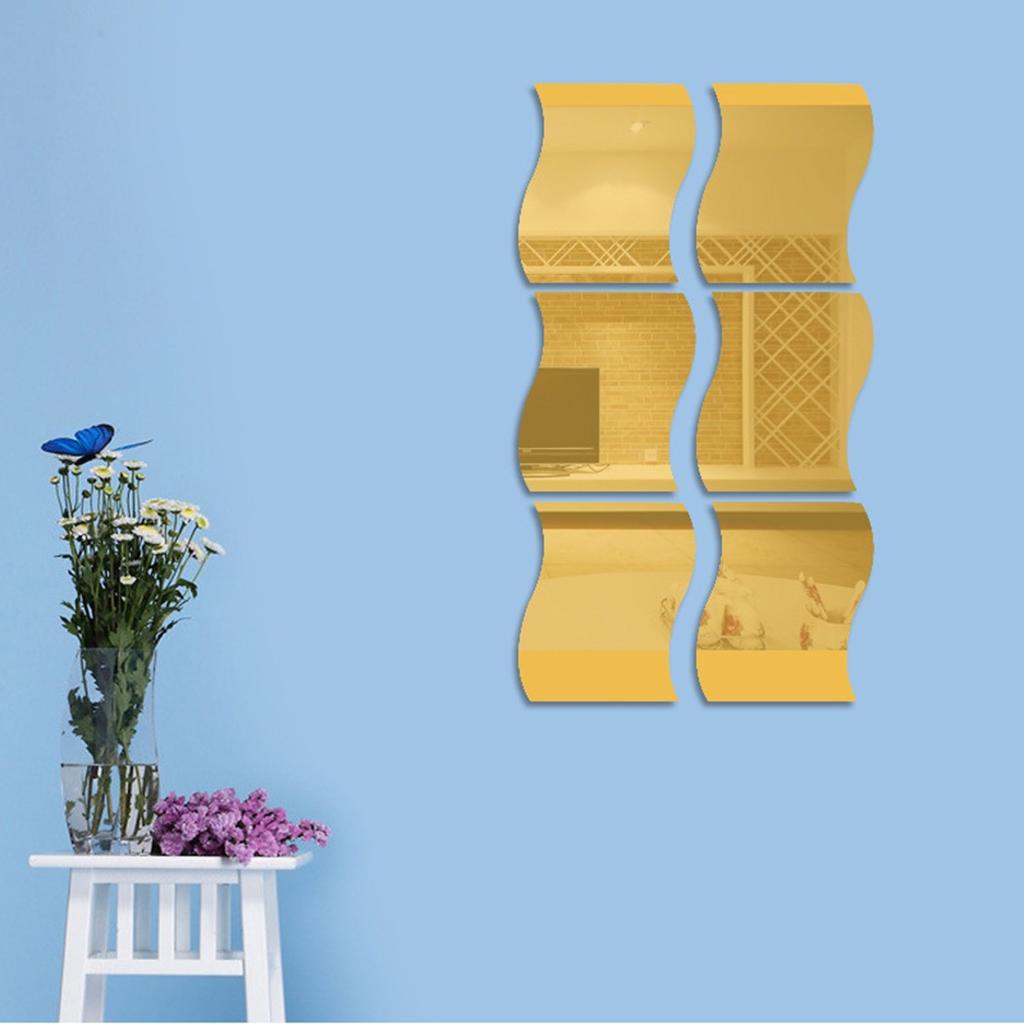 6PCS Mirror Tiles Wall Stickers Self Adhesive Acrylic Mirror Wall Stickers Wave Shapes Bedroom Bathroom Arts Decals Home Decor