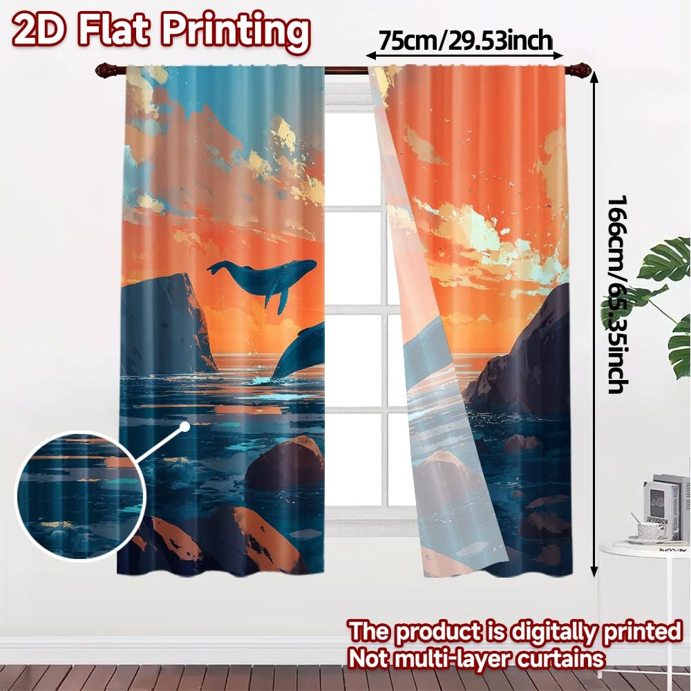 Set Of 2 Minimalist Flat Printing Curtains Without Rod Ocean Odyssey Popular Semi Decorations Home Curtain Sheer Polyester