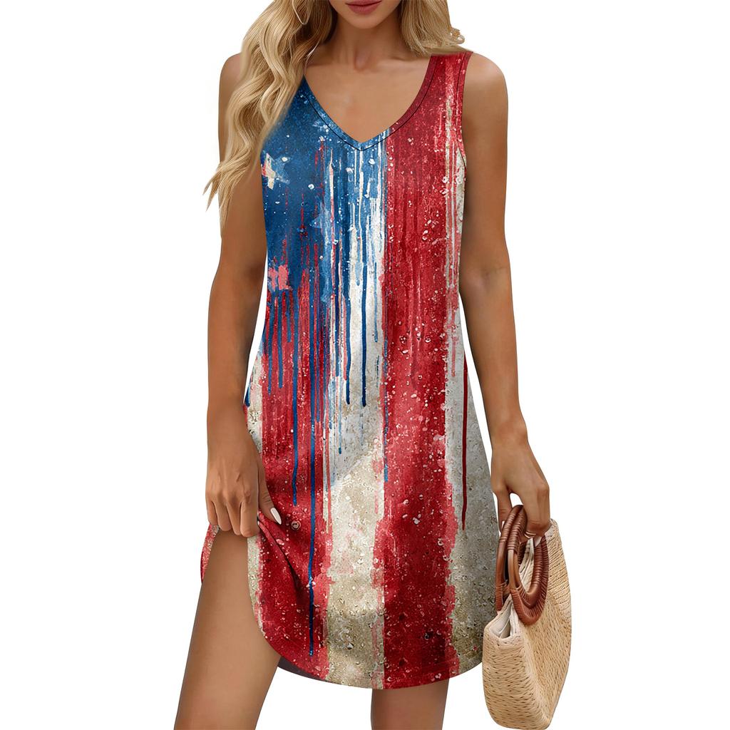 Women's Summer Casual Sun Skirt With Pocket V-Neck Independence Day Printed Loose Vest Dress