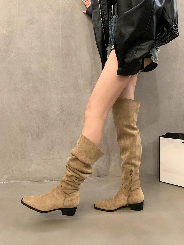 Wear More Than One Boot! Thick-heeled Over-the-knee Boots Women's Shoes Velvet Boots 2025 New Spring and Autumn Piled Knight Martin Boots