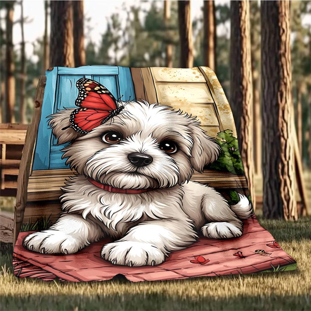 1pc Butterfly Doggie Outdoor Flannel Blanket , Machine Washable Perfect Gift for Birthday , Holiday Travel Accessory , Durable Material
