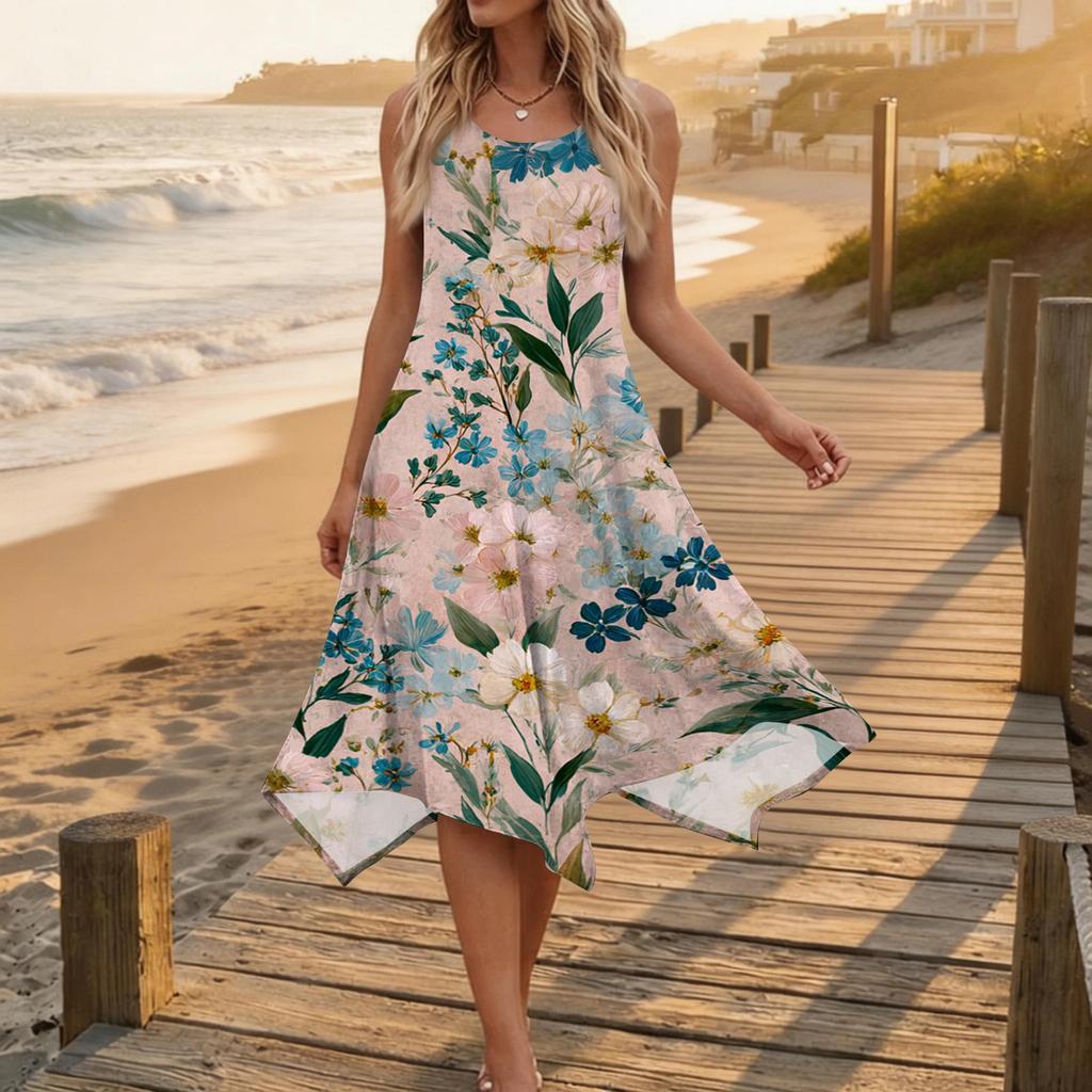 Women’s Casual Sleeveless Round Neck Floral Print Midi Dress with Asymmetrical Hem Loose Fit Comfortable Style for Daily Wear