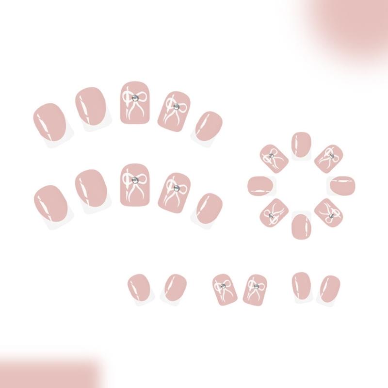 24 Pcs White French Tip Press On Nail Short Square False Nail Sweet Bows Acrylic Nail Glossy Full Cover Stick on Nail