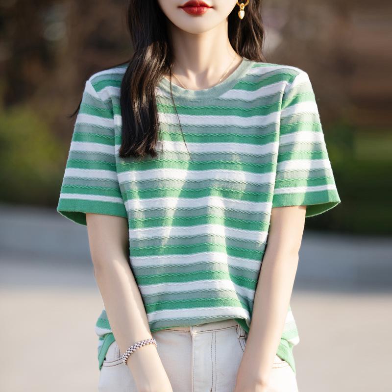 

2024 Early Autumn Women s Cotton Color-Blocked Striped Sweater T-Shirt XXL синій