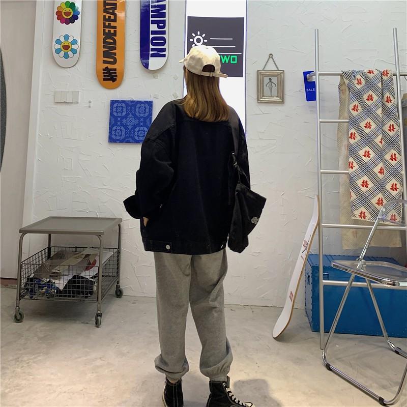 Giacca di jeans nera oversize da donna, vestibilità larga, cappotto casual streetwear con cuciture a contrasto
