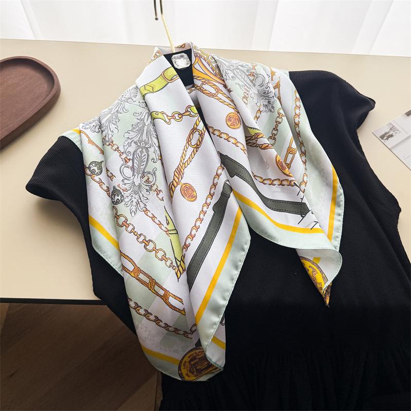 European and American Chain Simulation Silk Printing Silk Scarf Small Square Scarf High-end Shawl Sunscreen Neck Scarf Headscarf Female
