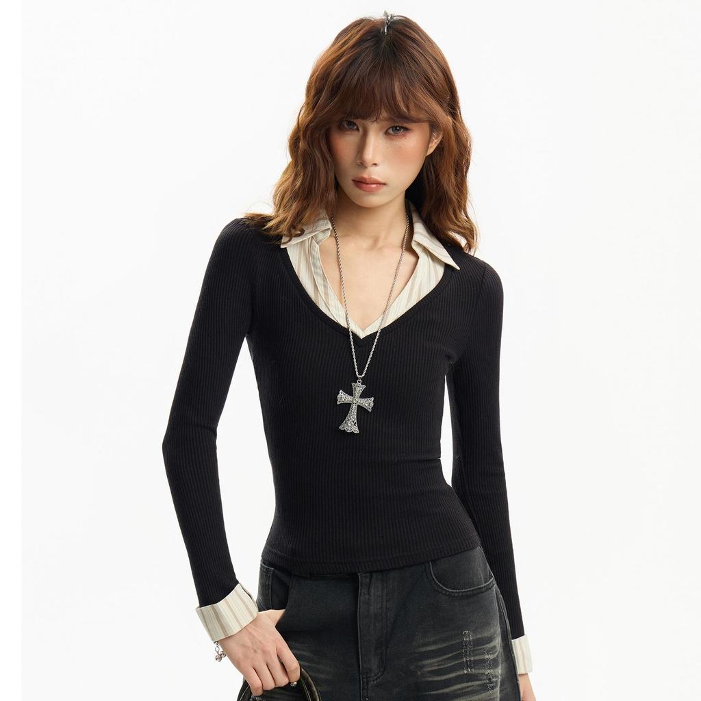Women's School Style Knit T-Shirt: Peach Heart Design, Fake Two-Piece, Autumn/Winter Fashion