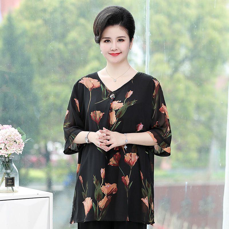 Summer Women's Plus Size Blouse Half Sleeve V Neck T-Shirt Loose Printed Blouse