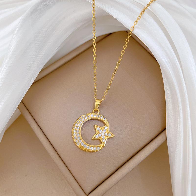 Titanium Steel, Star Moon Zircon Light Luxury Temperament Gorgeous Full Diamond Necklace Female Versatile Collarbone Chain Titanium Steel Chain