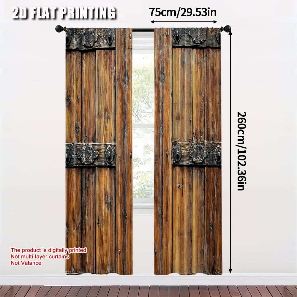 Set Of 2 Vintage Curtain Popular Plane Printing Barn Wooden Door Wood Textured Background Fabric Without Rod With Thermal Polyester