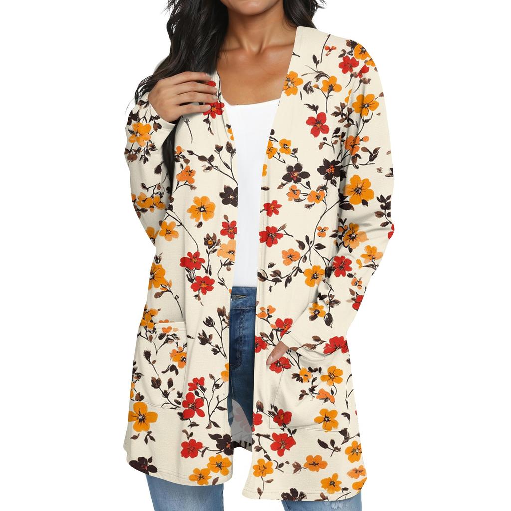 Women's Fashion Casual Retro Floral Print Mid-Length Cardigan Jacket
