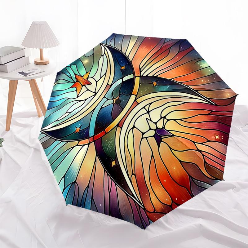 1pc Stained Glass Butterfly Auto-Folding Umbrella - Portable Tri-Fold Design with 8-Bone Iron Frame - Outdoor for Fans, Travelers, Everyday Use - Perf