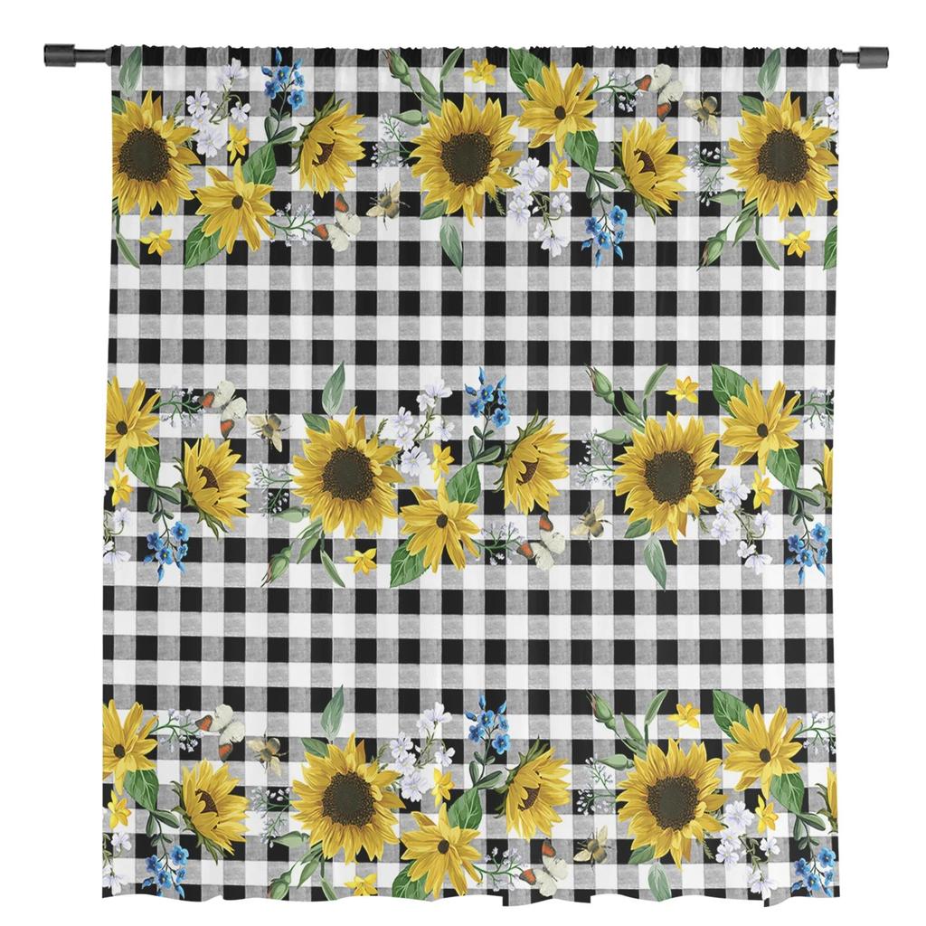 Sommer-Sonnenblumen-Blume, kariert, durchsichtige Vorhänge für Wohnzimmer, Schlafzimmer, Dekoration, Chiffon, Tüll, Voile, Küche, Fenstervorhang