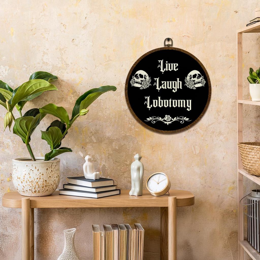 KLYTINK Gothic Skull Round Wall Art,Dark Humor-Live Laugh Lobotomy-Canvas Hanging Decor, Punk Rock Alternative Quote Sign for Bedroom, Office, Dorm