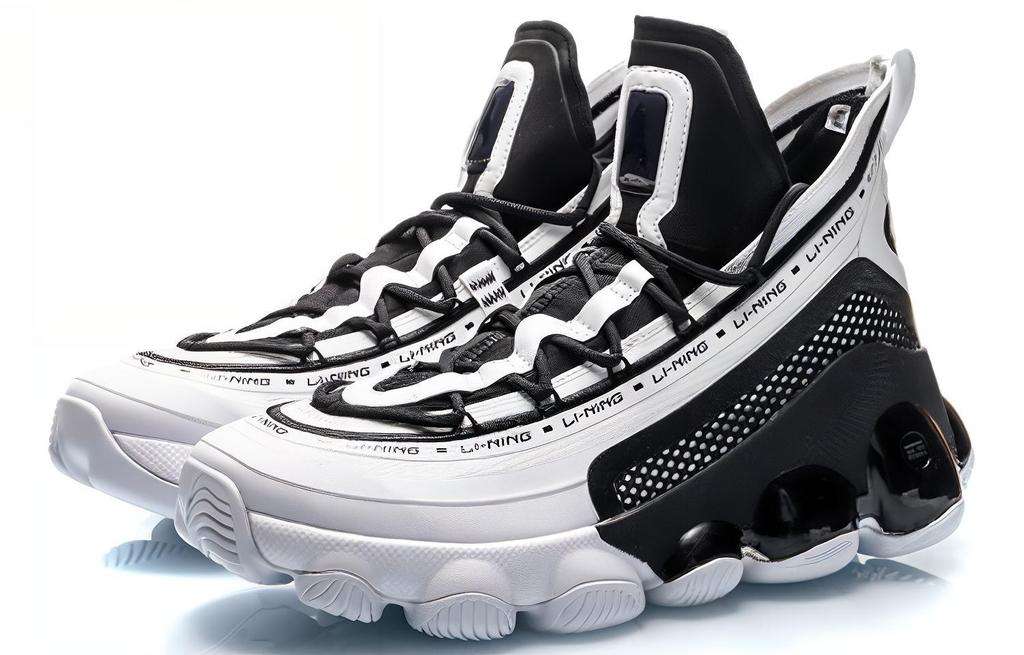 Li Ning Non slip Lightweight Mid top Vintage Basketball Shoes Men's Black White AGBP127-1