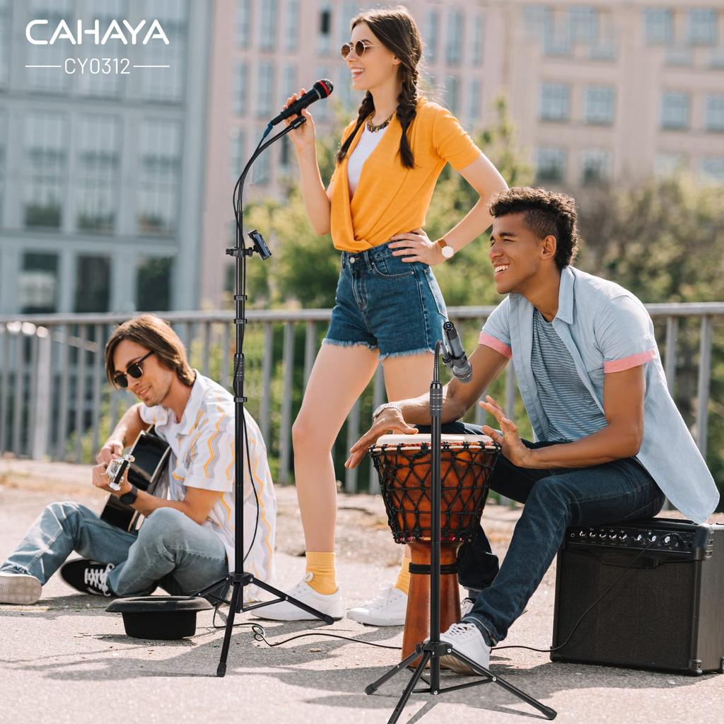 CAHAYA [2-Way Microphone Stand with Cell Phone Holder] Straight, with 1 Gooseneck Arm, 1 Cell Phone Holder, 2 Mic Clips, 3 Cable Covers, 1 Storage