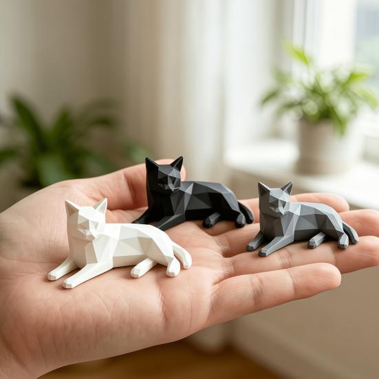 Cat Statues for Home Decor 3D Printed Geometric Figurine, Minimalist Desktop Sculpture Lovers, Polyhedron Art Crafts Office Nordic Style Small Animal