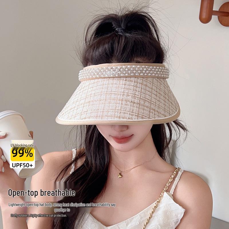 Women's Summer UV Protection Topless Sun Hat with Pearls - Black Rubber Wide Brim
