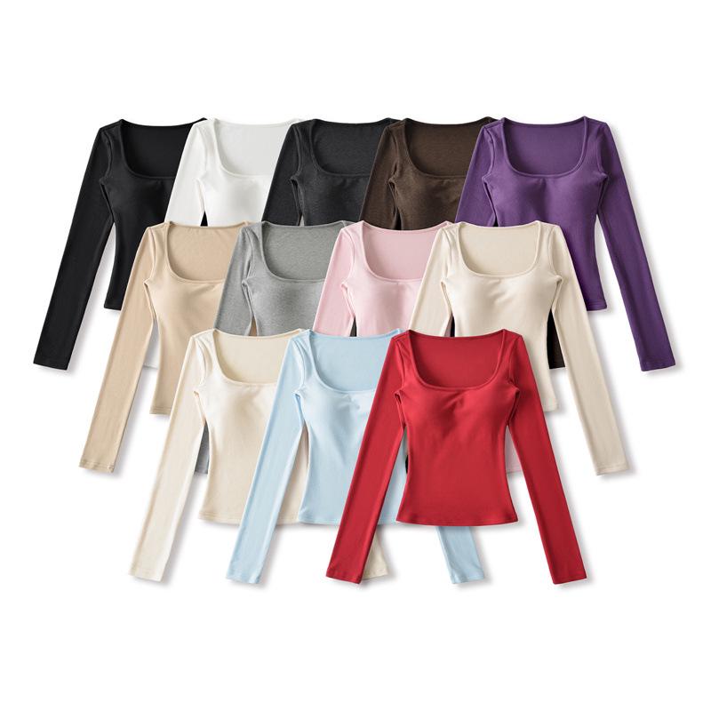 Korean Square Neck Slimming Long Sleeve T-Shirt with Chest Pads and Waist-Cinching Design for Women - Spring/Autumn