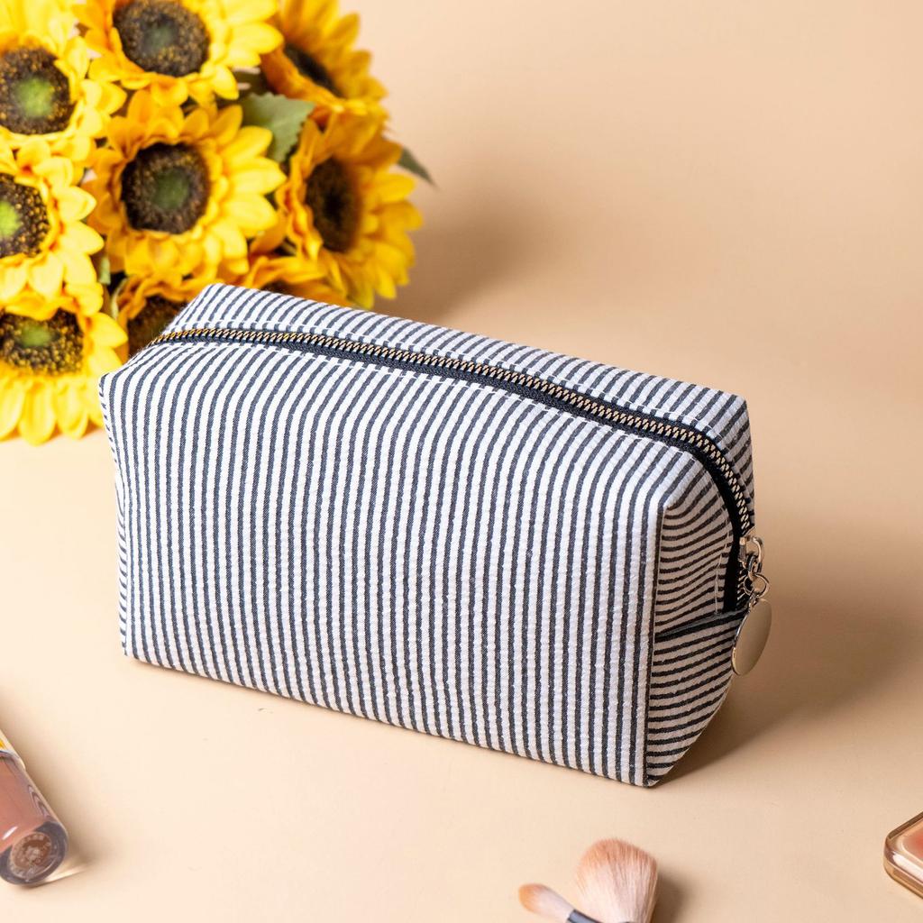 Striped Embroidery Makeup Bag Travel Toiletry Organizer with Bubble Print Waterproof Portable Multi-Compartment