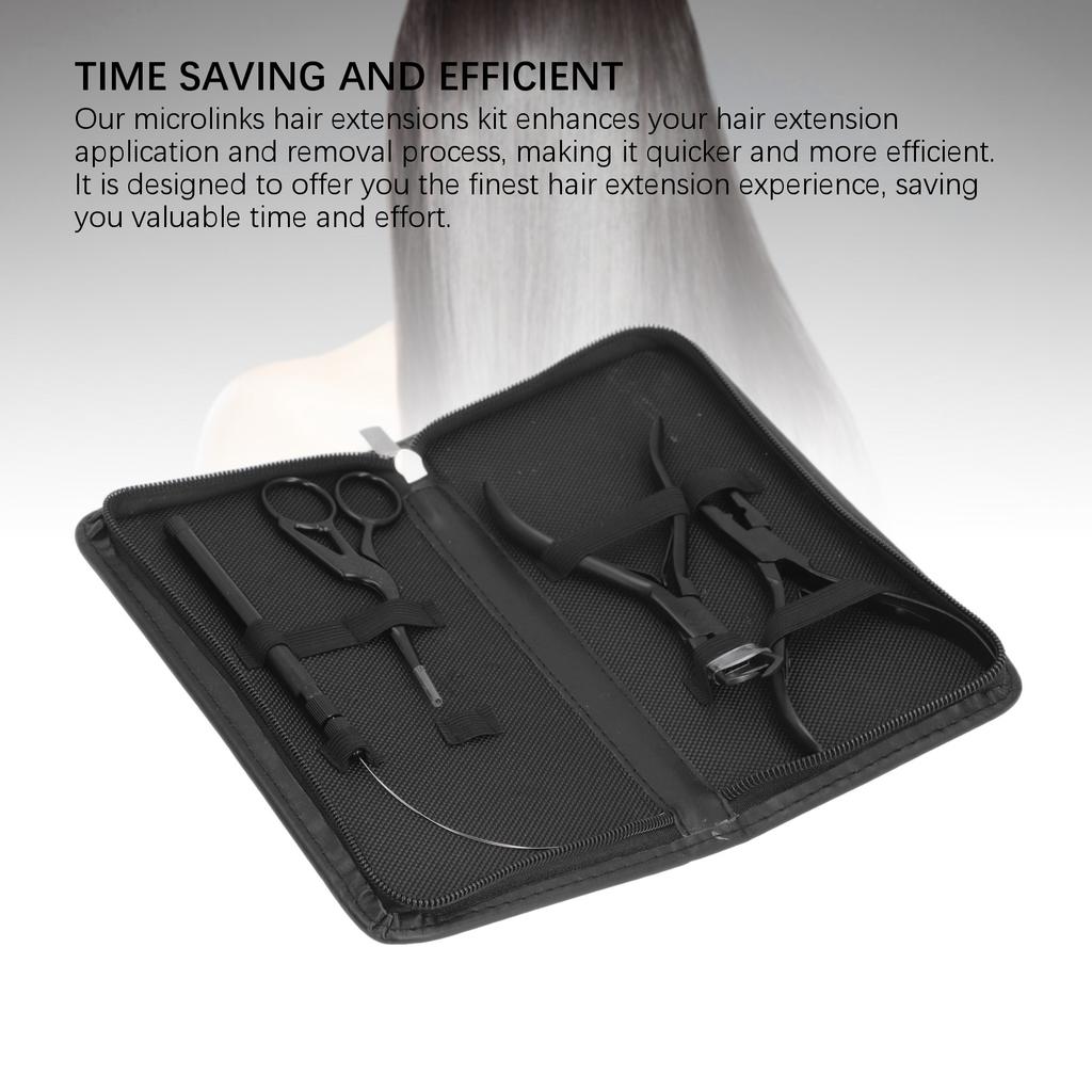 4pcs Hair Extension Tools with Pliers Wire Loop Beading Hook Needle Small Scissors Storage Bag Professional Microlink Tool Kit Black