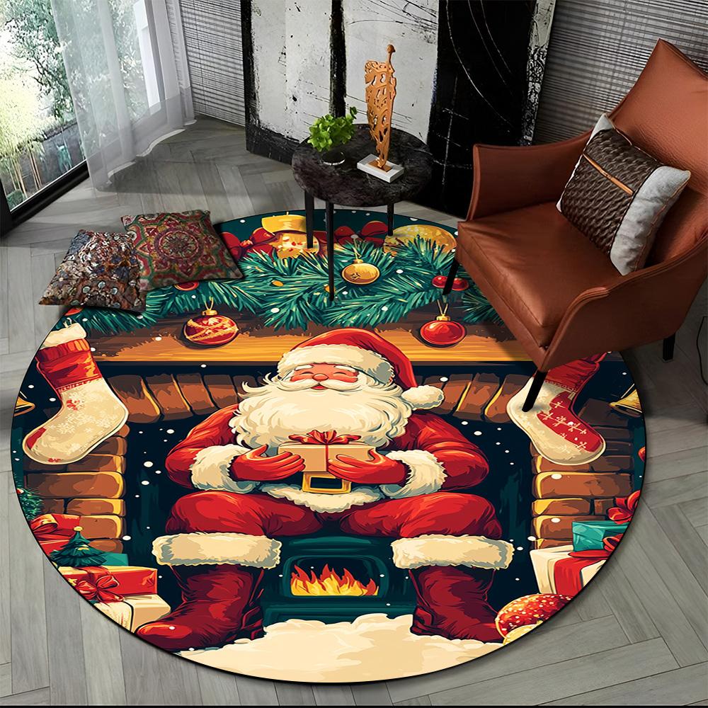 Cartoon Weihnachtsmann Frohe Weihnachten Schneemann Neujahr Runder Teppich für Schlafzimmer Wohnzimmer Sofadekoration, Dekor Bodenteppich