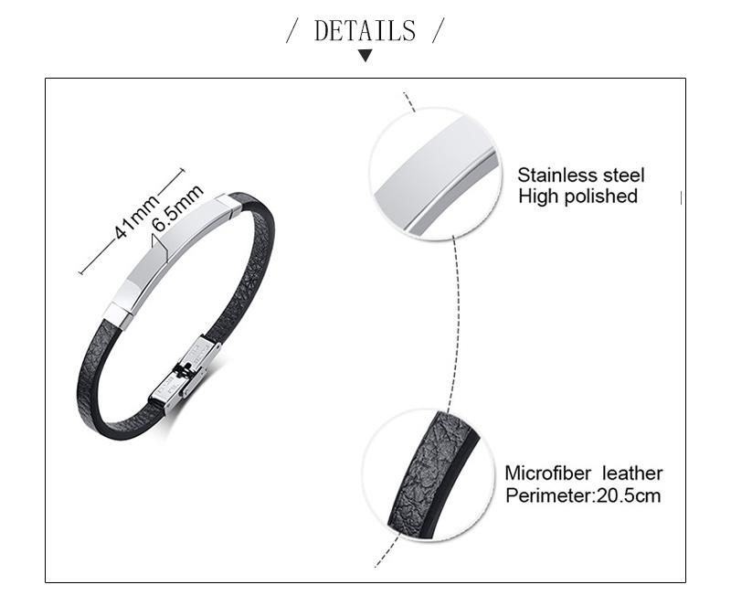 Custom Thin Men's Leather Bracelet Stainless Steel Bar Engraved Name ID Tags Classic Style DIY Size